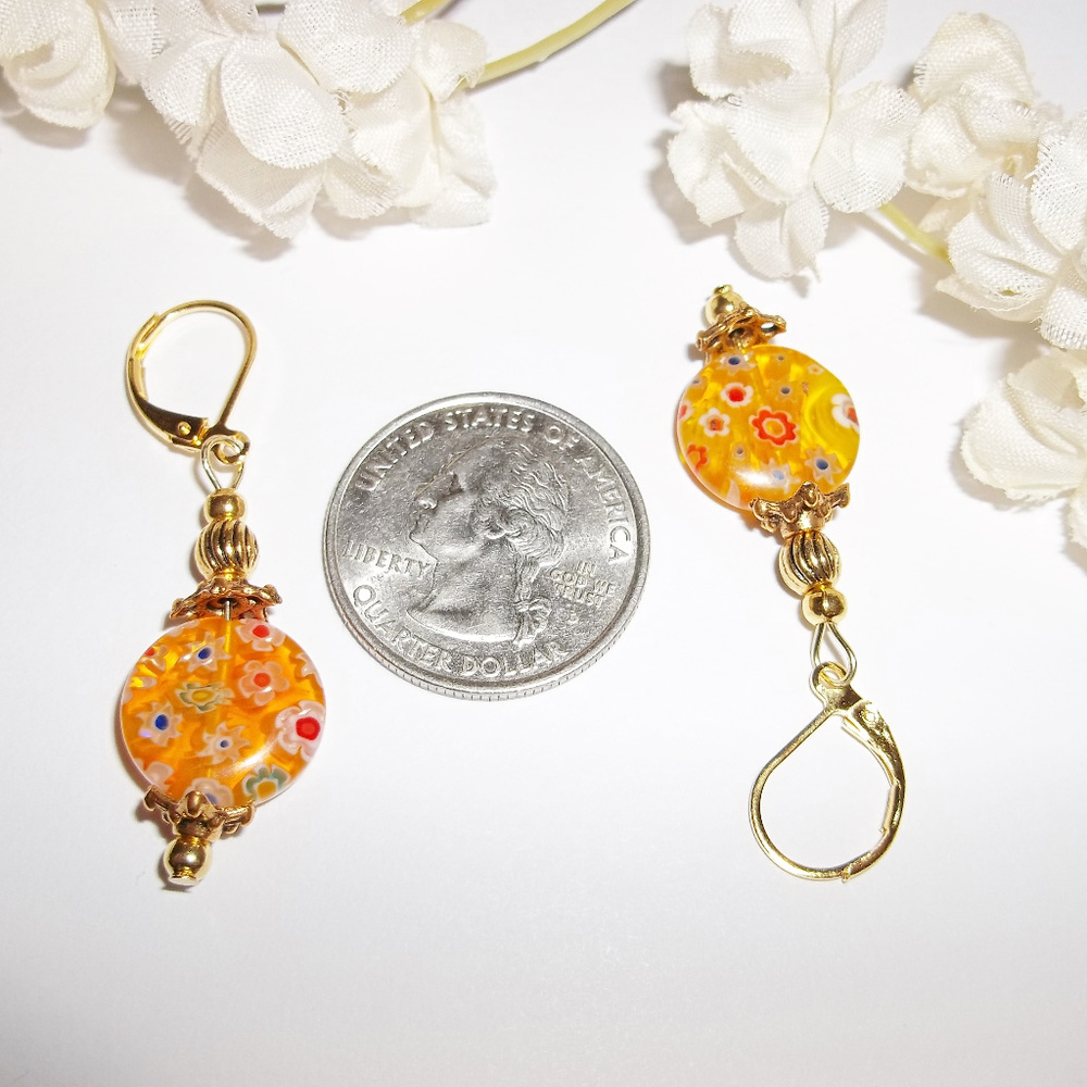 Yellow & Gold Earrings Flower Floral Dangle 4317 - Picture 6 of 6